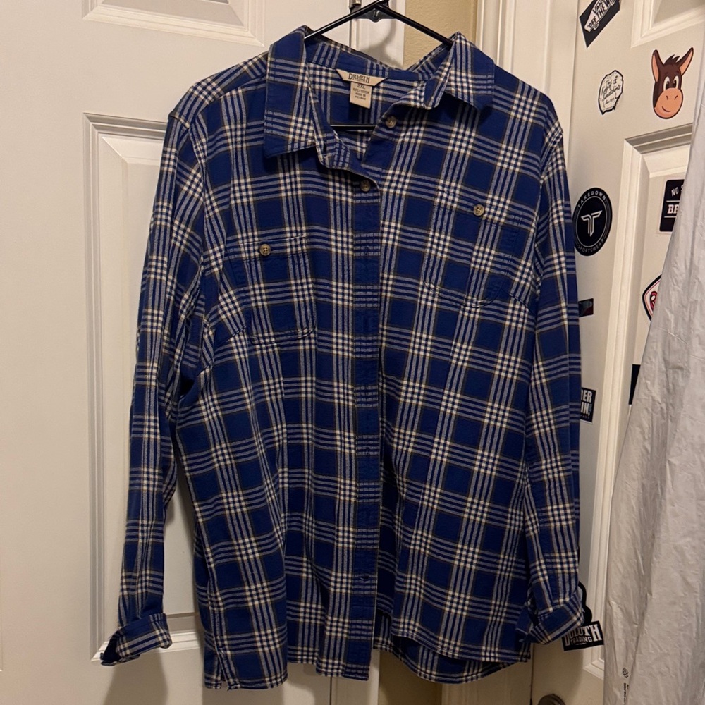 Blue and cream flannel Plaid Button-Up Shirt